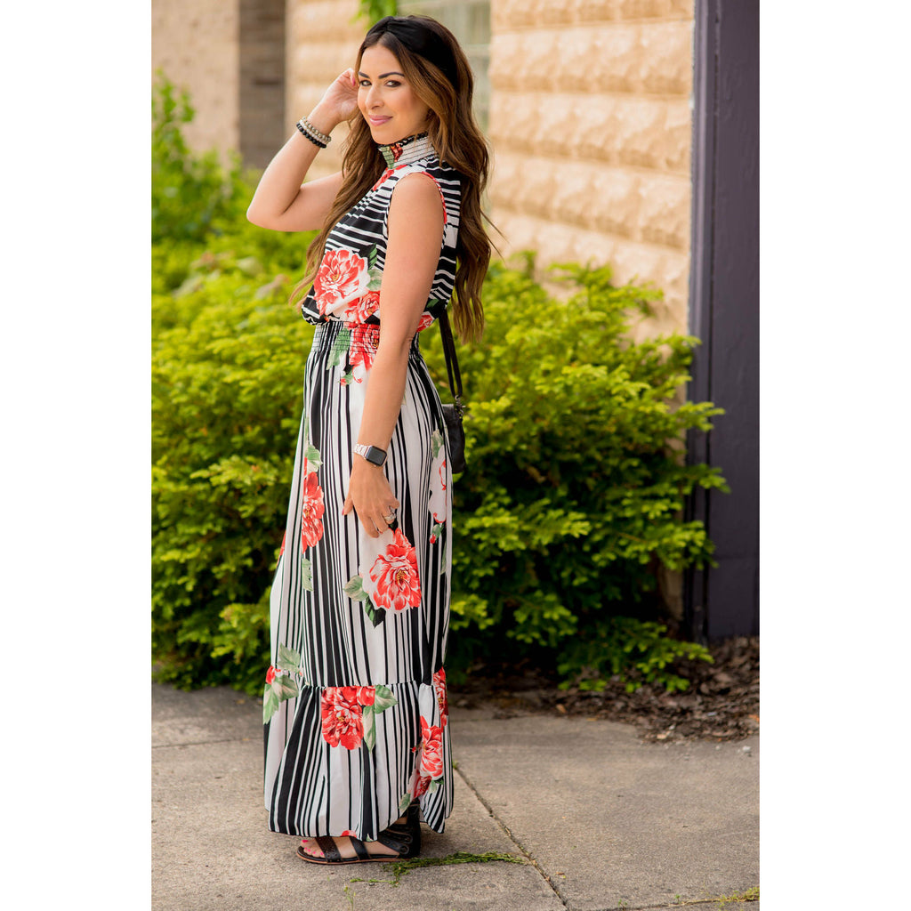 Floral Striped Ruffle Trim Tank Maxi - Betsey's Boutique Shop