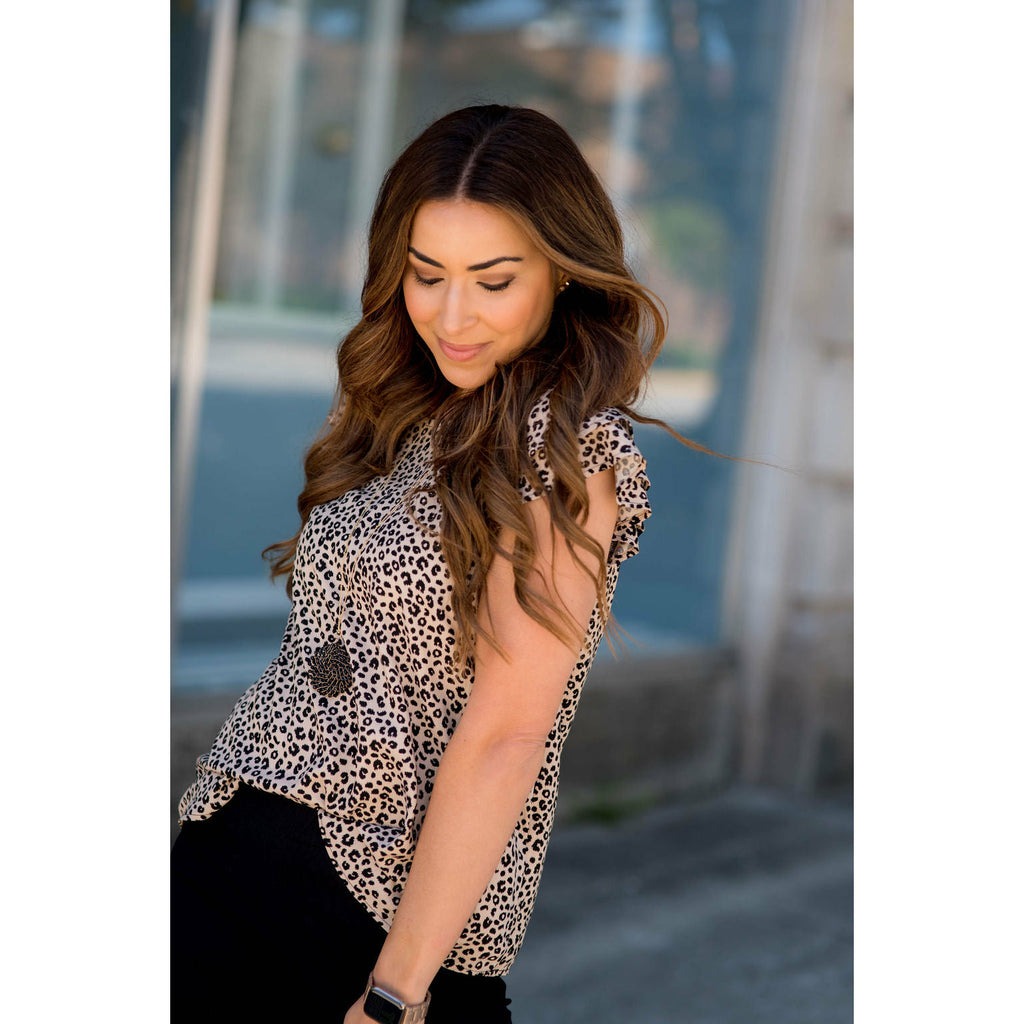 Ruffle Sleeve Mini Leopard Blouse - Betsey's Boutique Shop