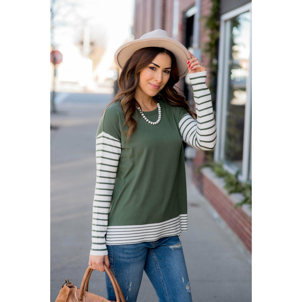 Ribbed Striped Sleeve Faux Layered Tee - Betsey's Boutique Shop