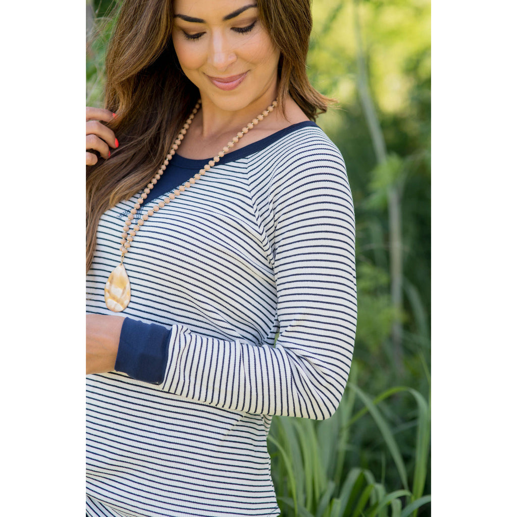 Solid Trim V Striped Long Sleeve Tee - Betsey's Boutique Shop