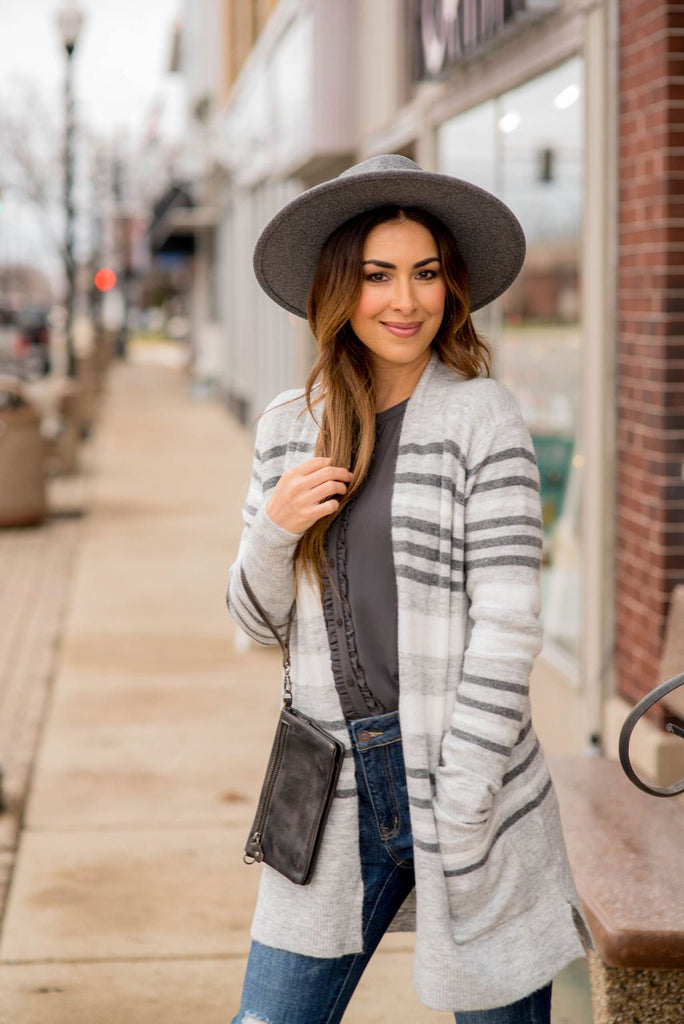 Light Grey Striped Cardigan - Betsey's Boutique Shop