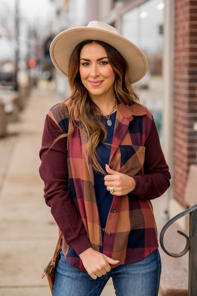 Buffalo Plaid Waffle Sleeve Shacket - Betsey's Boutique Shop -