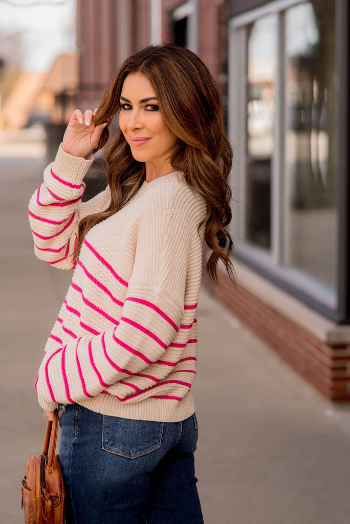 Striped Bottom Relaxed Sleeve Sweater - Betsey's Boutique Shop -