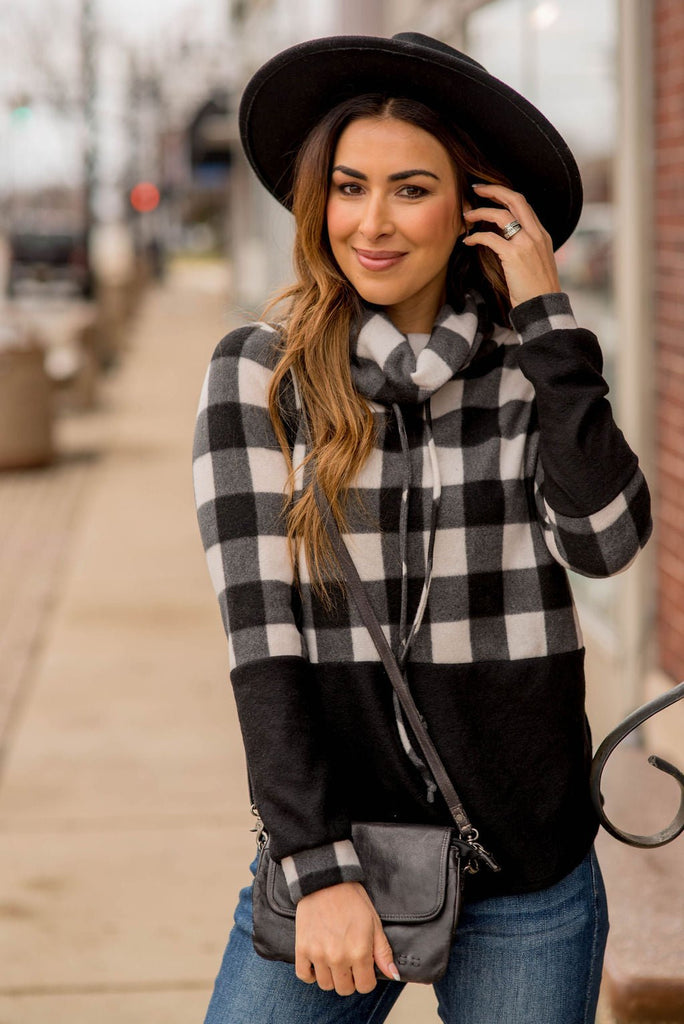 Solid Bottom Buffalo Check Cowl Neck - Betsey's Boutique Shop