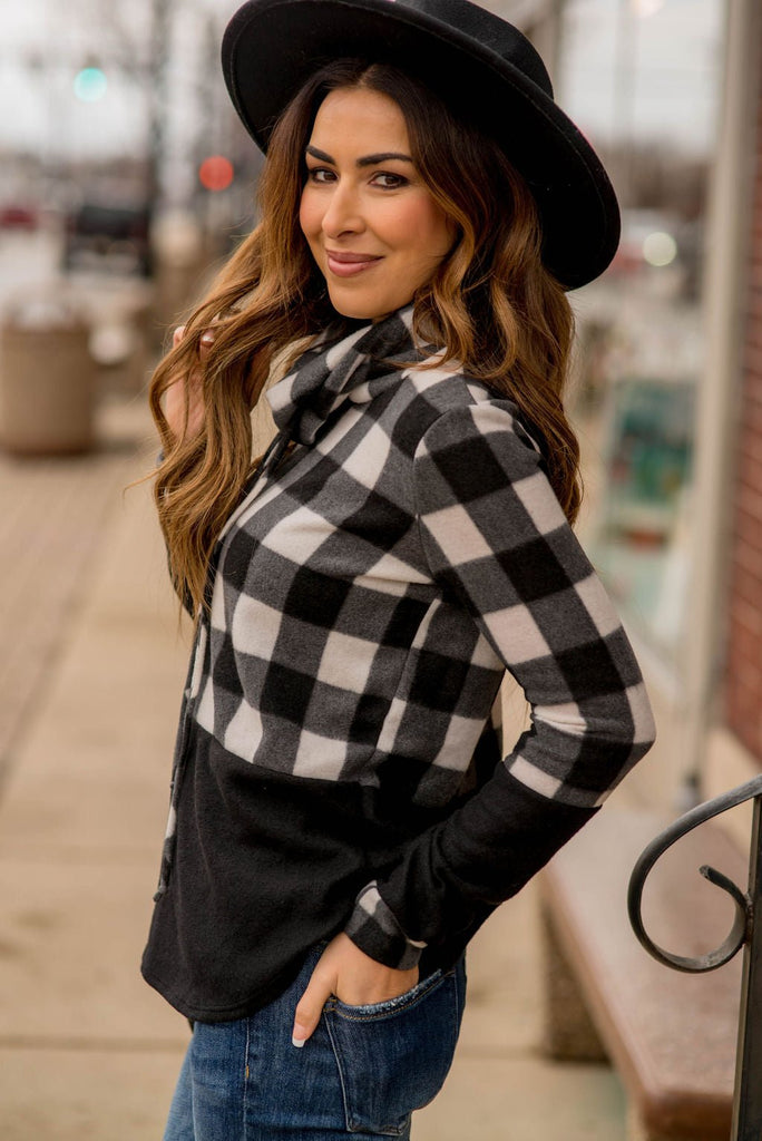 Solid Bottom Buffalo Check Cowl Neck - Betsey's Boutique Shop