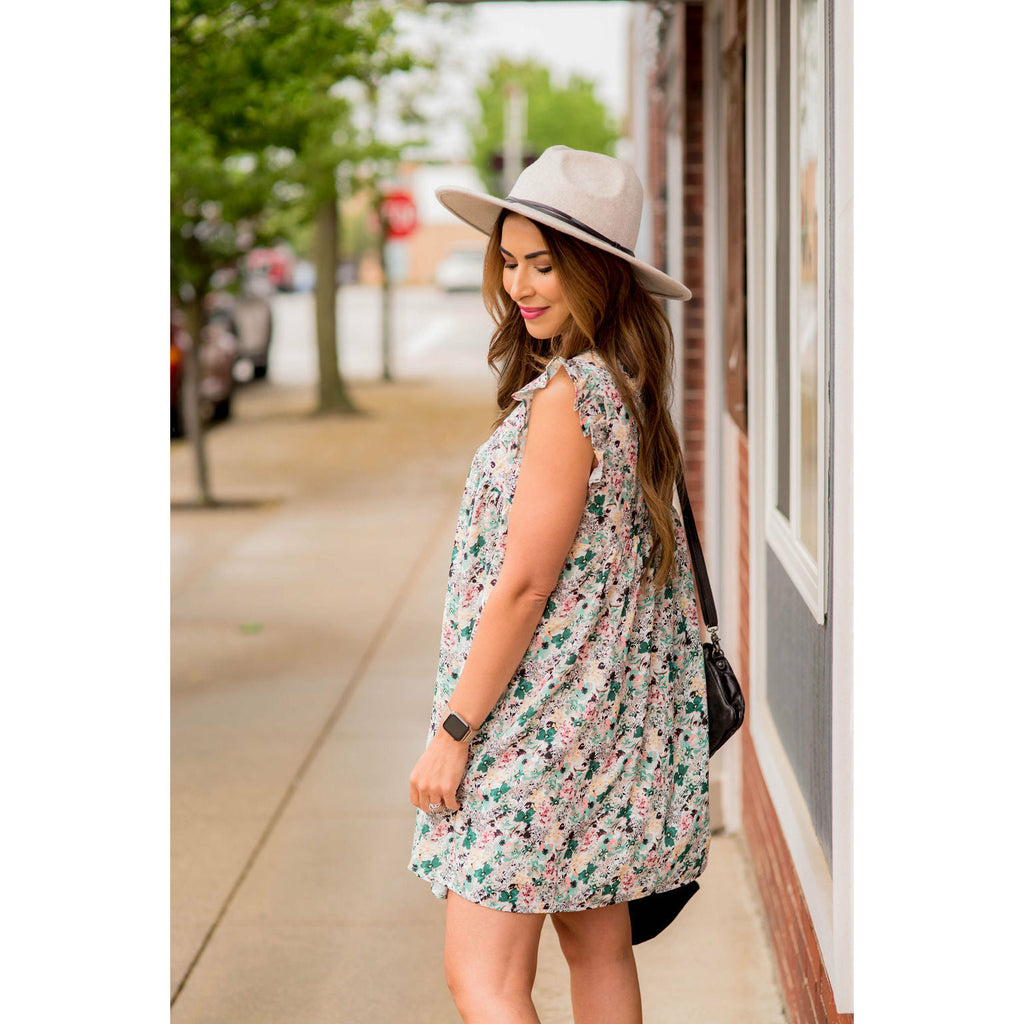 Mixed Sketched Floral Flutter Trim Dress - Betsey's Boutique Shop