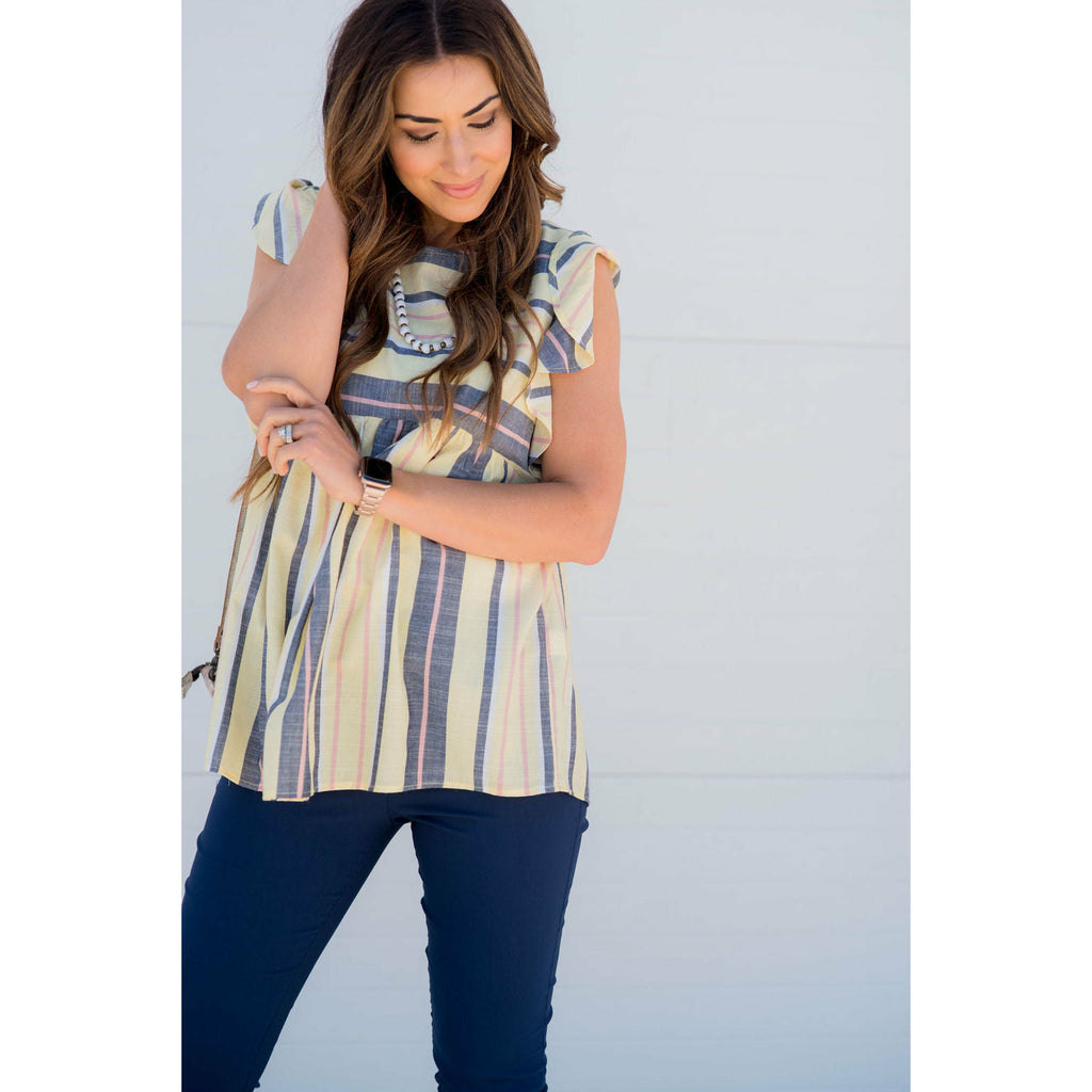 Muted Stripes Flutter Sleeve Peplum Blouse - Betsey's Boutique Shop