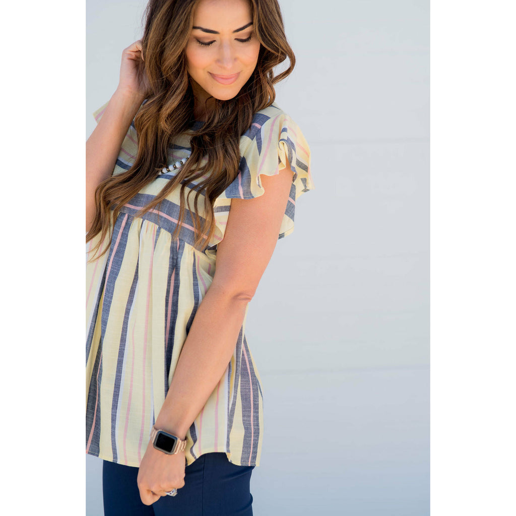 Muted Stripes Flutter Sleeve Peplum Blouse - Betsey's Boutique Shop