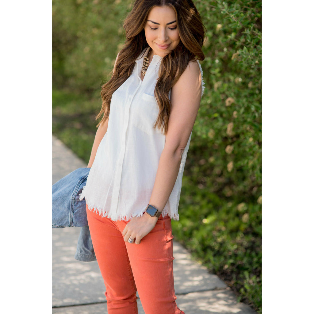 Button Up Fringe Bottom Pocket Tank - Betsey's Boutique Shop