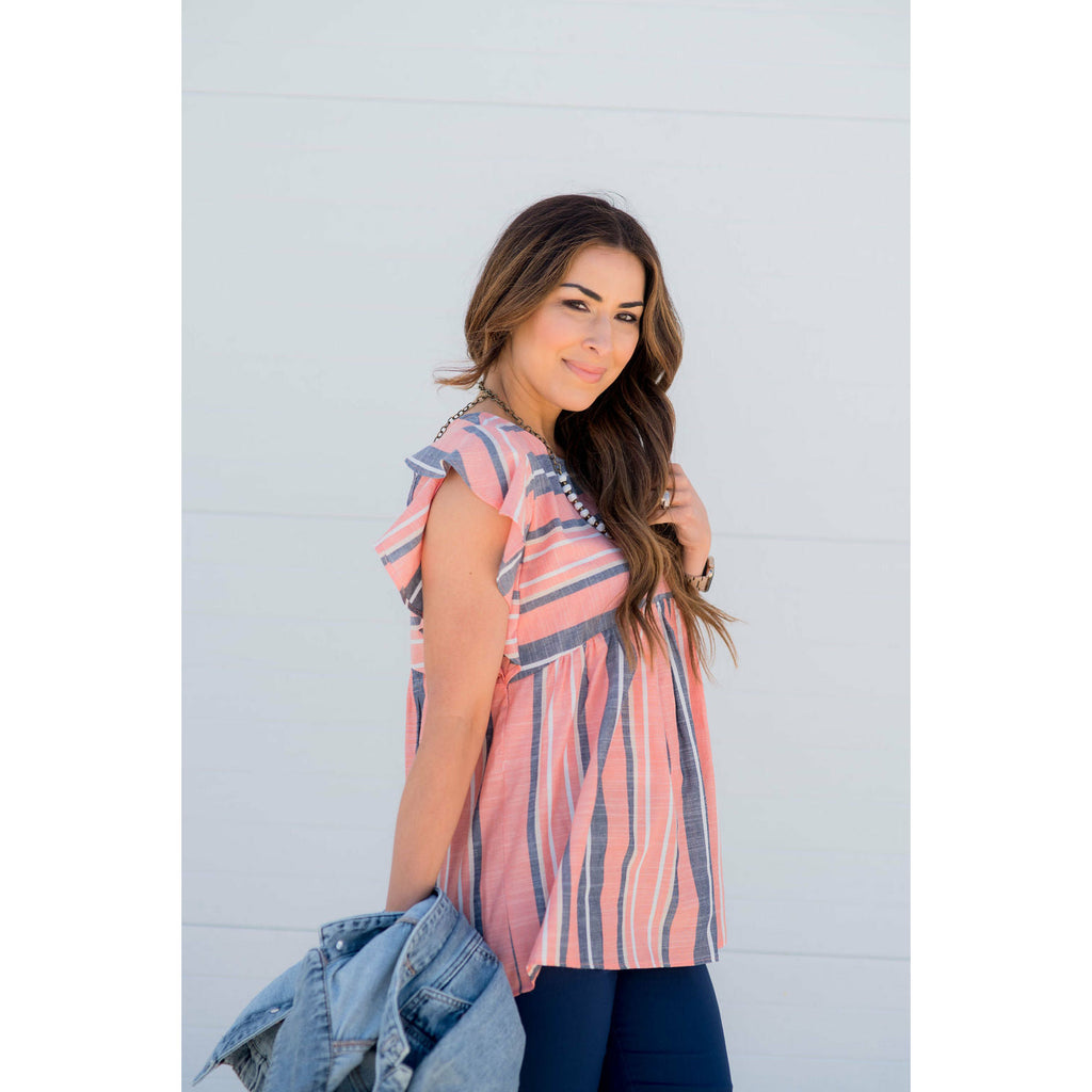 Muted Stripes Flutter Sleeve Peplum Blouse - Betsey's Boutique Shop