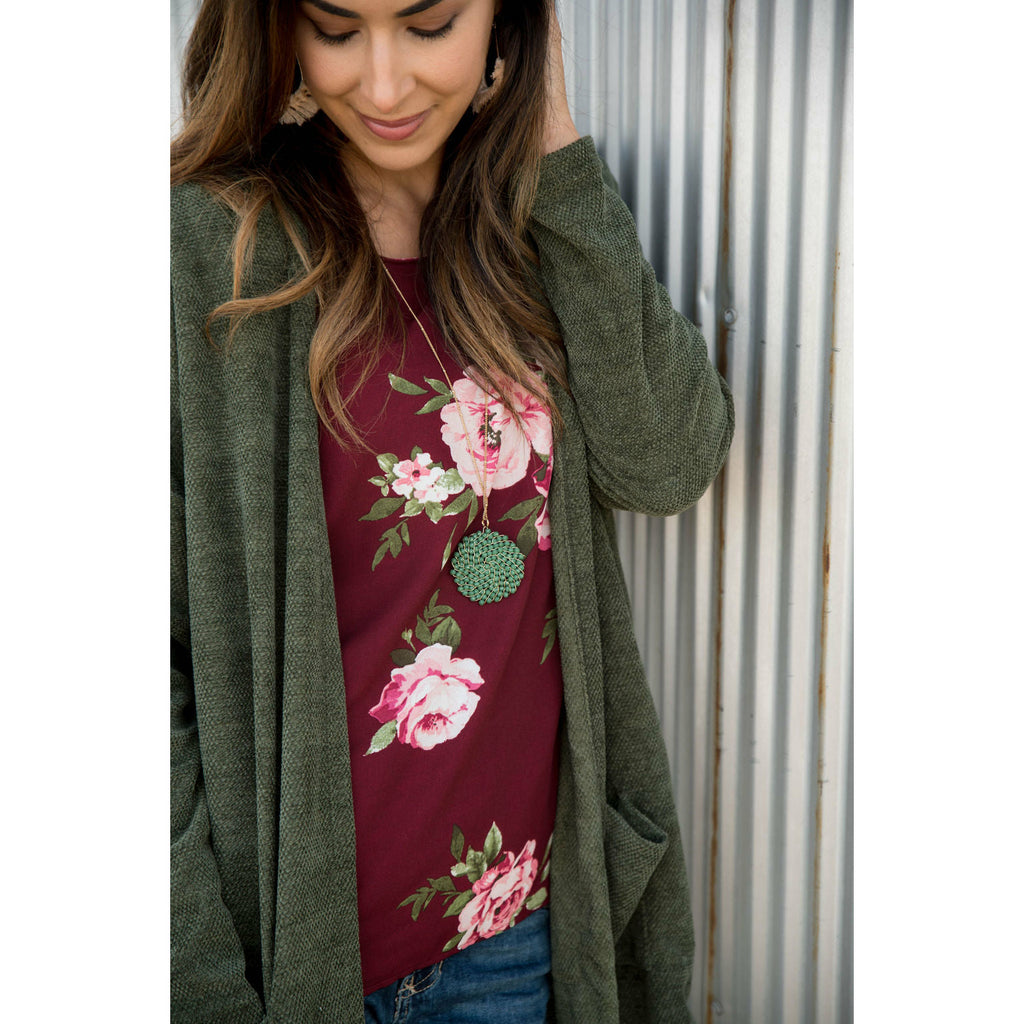 Burgundy Floral Flutter Blouse - Betsey's Boutique Shop