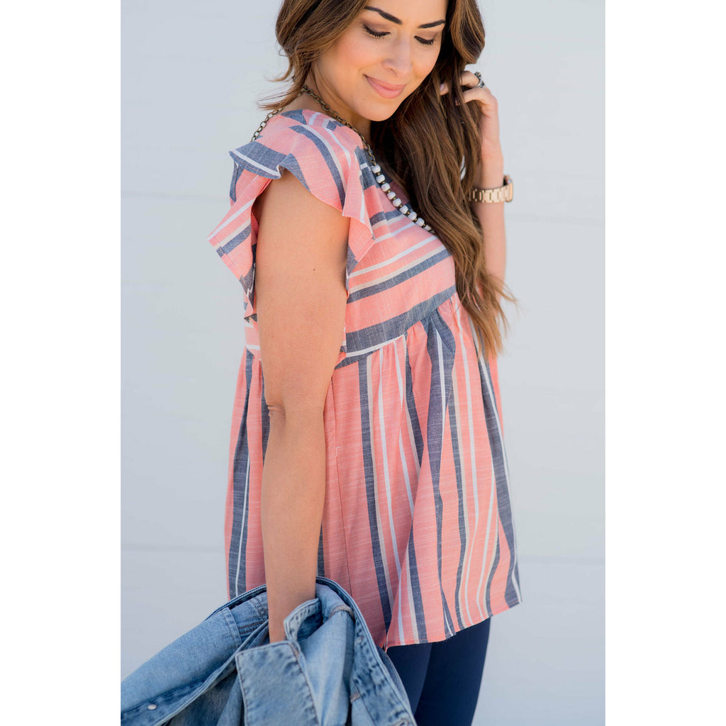 Muted Stripes Flutter Sleeve Peplum Blouse - Betsey's Boutique Shop