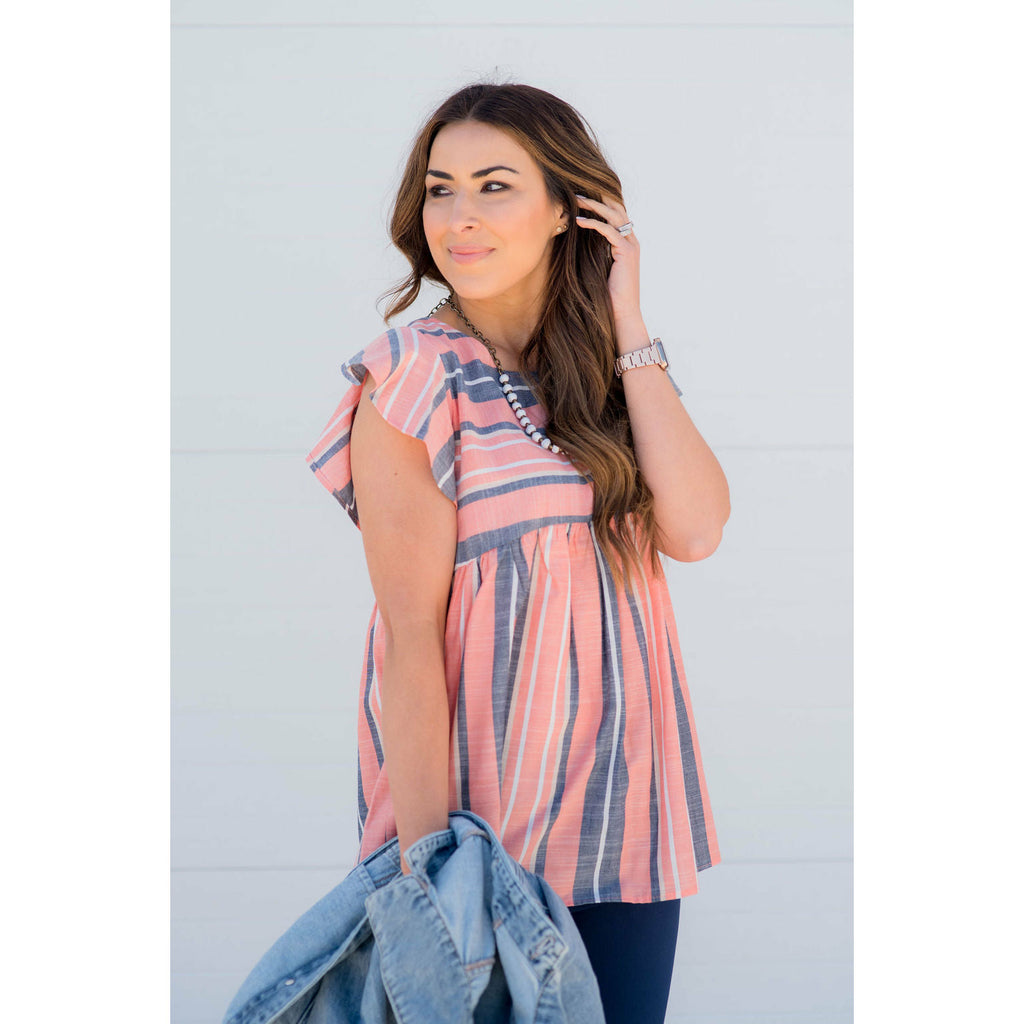 Muted Stripes Flutter Sleeve Peplum Blouse - Betsey's Boutique Shop