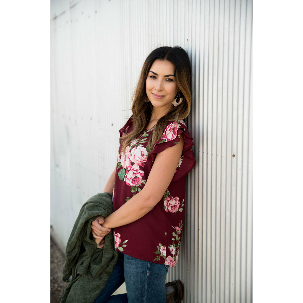 Burgundy Floral Flutter Blouse - Betsey's Boutique Shop