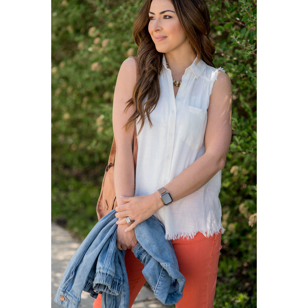 Button Up Fringe Bottom Pocket Tank - Betsey's Boutique Shop