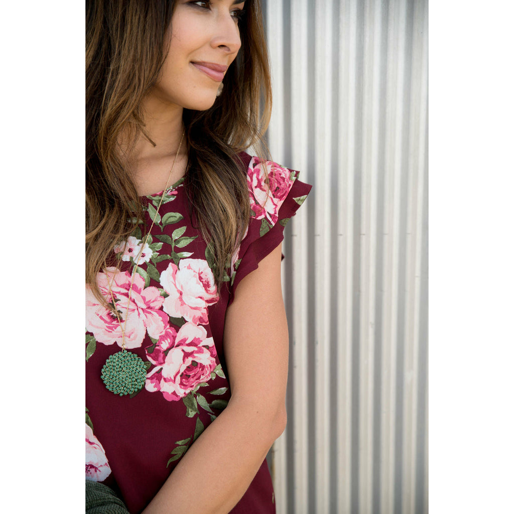 Burgundy Floral Flutter Blouse - Betsey's Boutique Shop