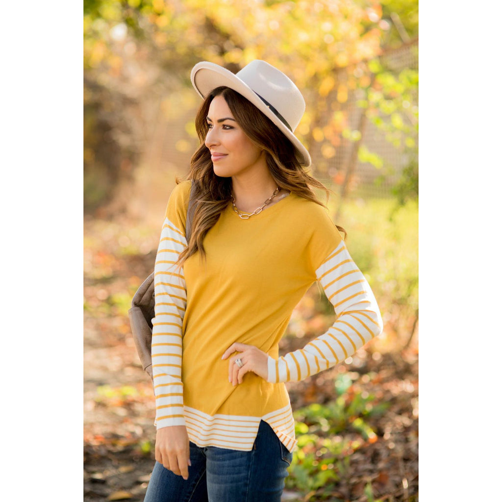 Striped Trimmed Long Sleeve Sweater Tee - Betsey's Boutique Shop