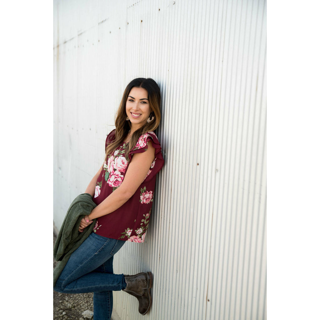 Burgundy Floral Flutter Blouse - Betsey's Boutique Shop