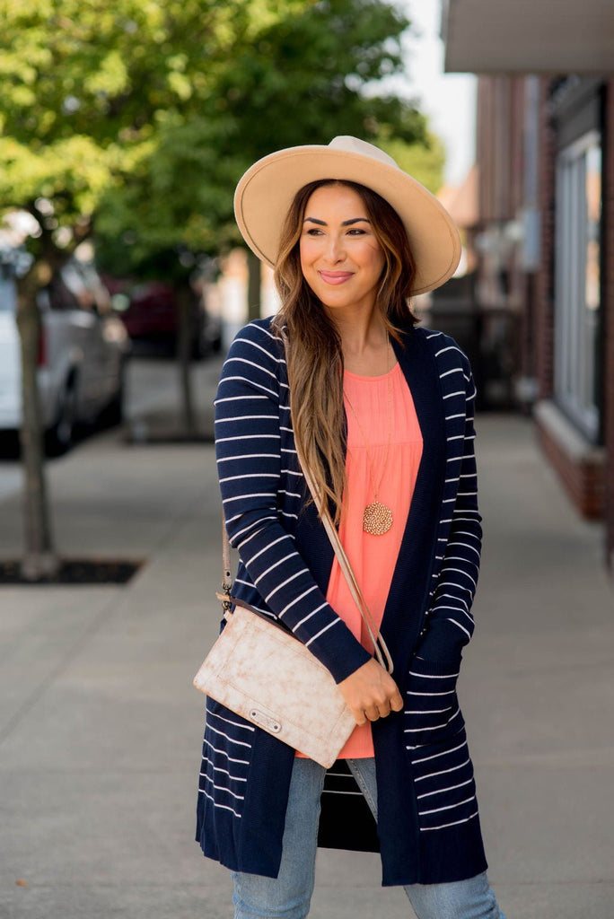 Ribbed Trim Striped Tunic Cardigan - Betsey's Boutique Shop - Coats & Jackets