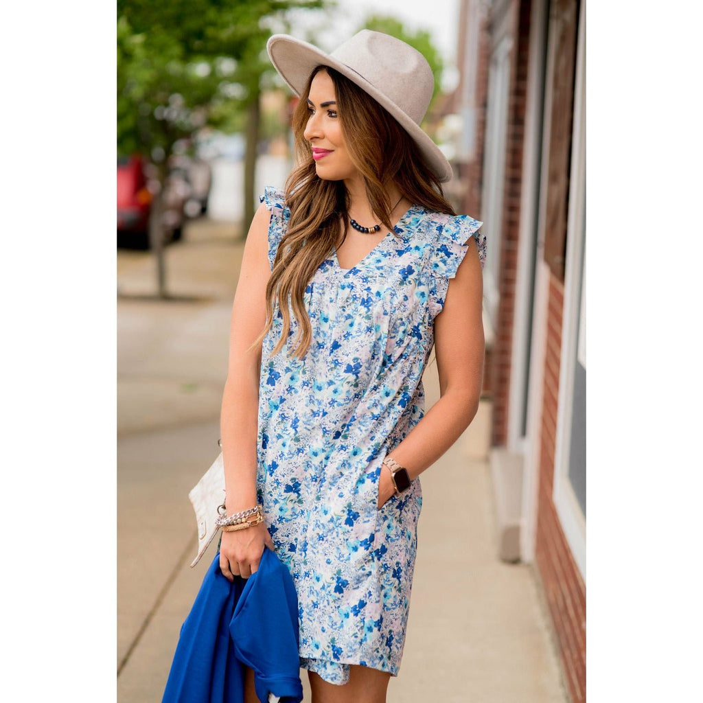 Mixed Sketched Floral Flutter Trim Dress - Betsey's Boutique Shop