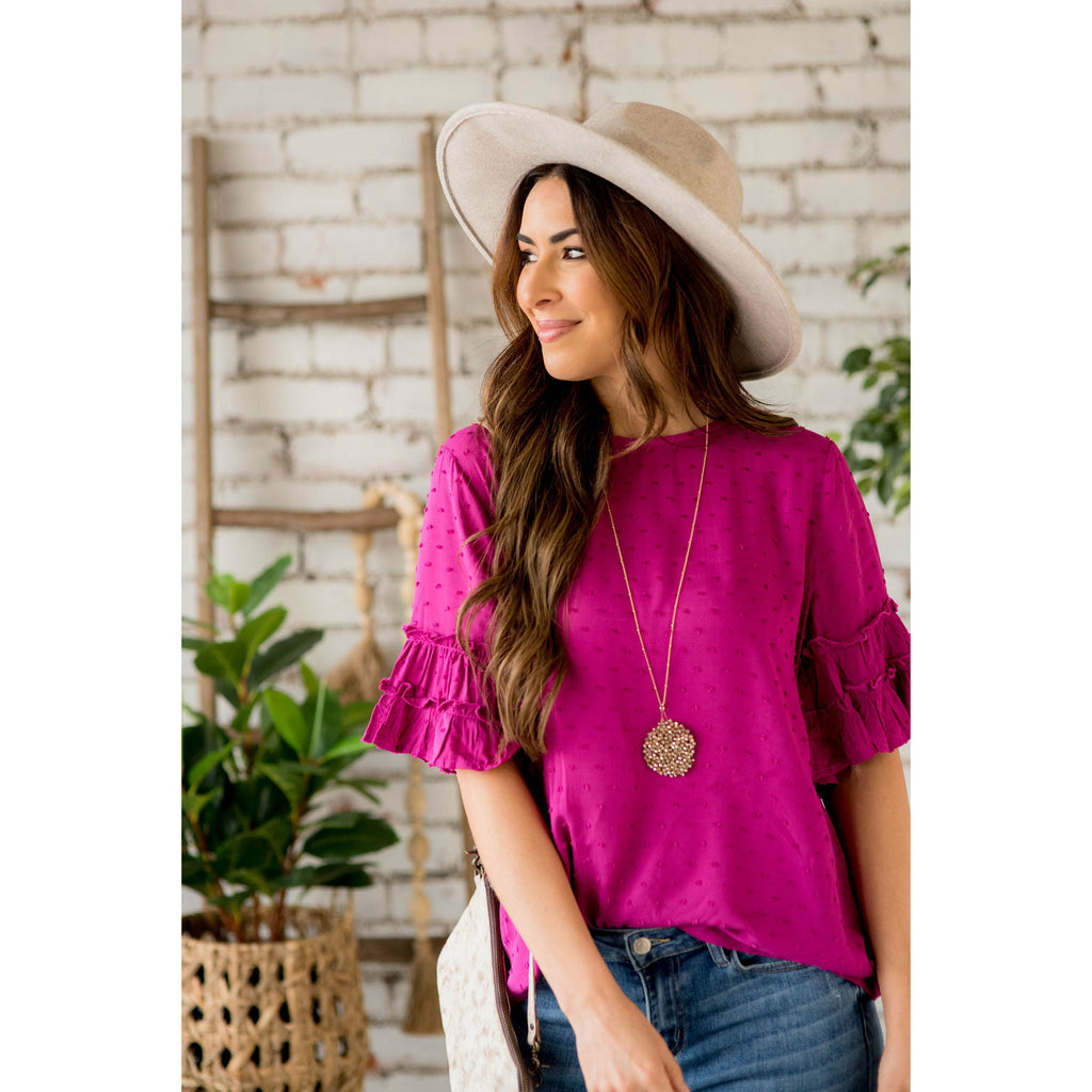 Textured Ruffled 3/4 Sleeve Blouse - Betsey's Boutique Shop - Shirts & Tops