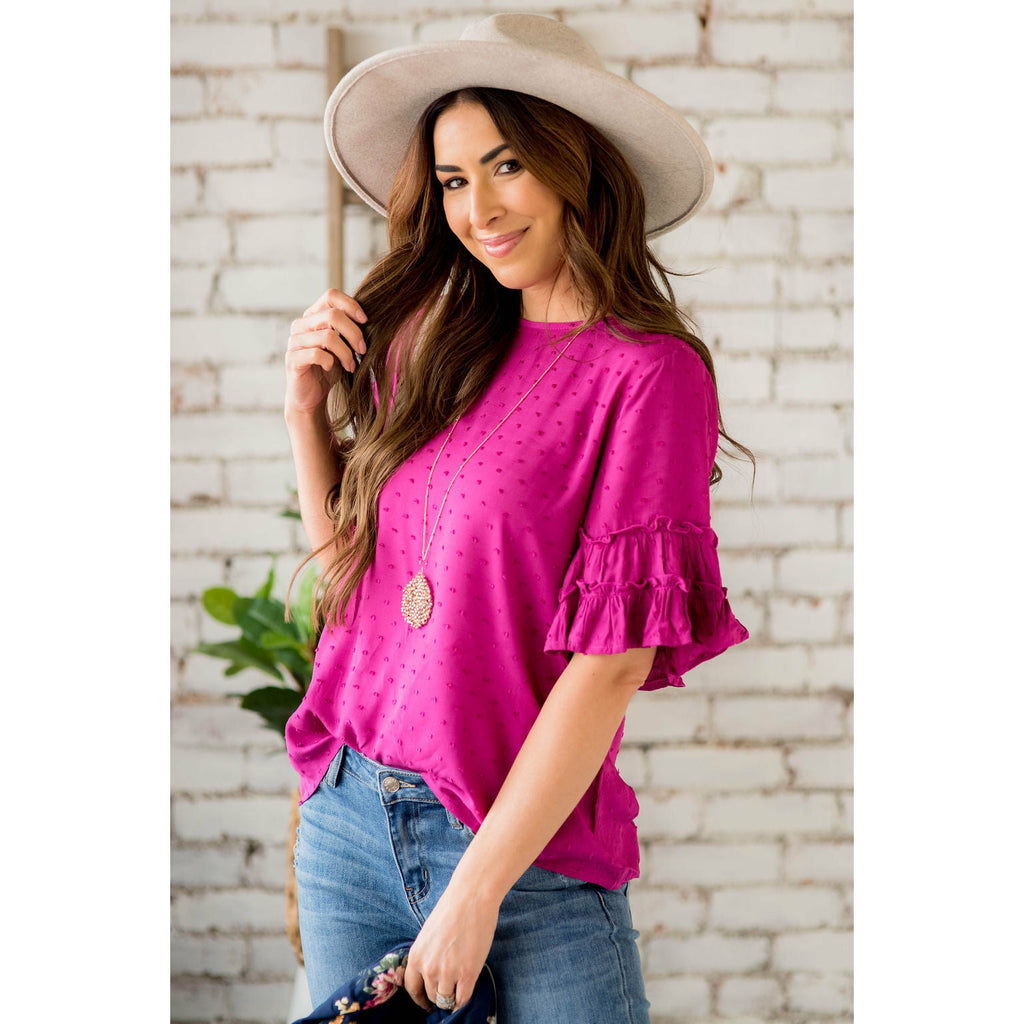 Textured Ruffled 3/4 Sleeve Blouse - Betsey's Boutique Shop - Shirts & Tops