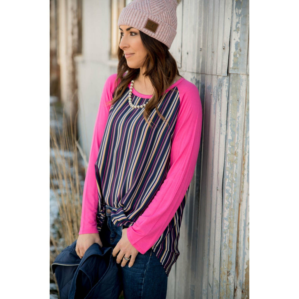 Vertical Striped Baseball Tee- Pink - Betsey's Boutique Shop