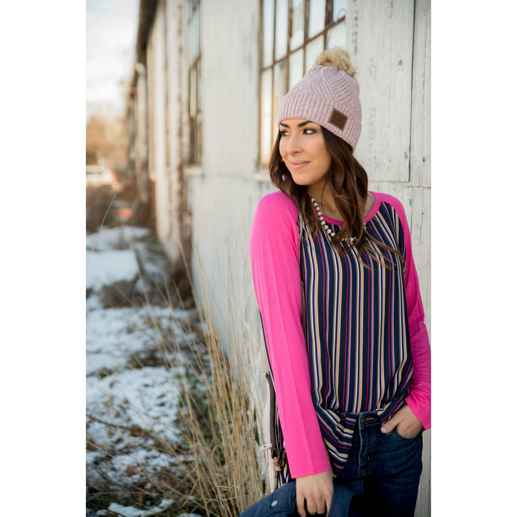 Vertical Striped Baseball Tee- Pink - Betsey's Boutique Shop