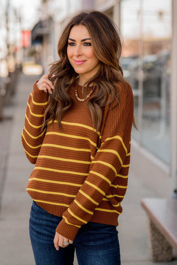 Striped Bottom Relaxed Sleeve Sweater - Betsey's Boutique Shop -