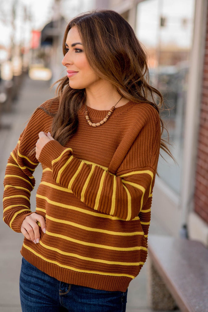 Striped Bottom Relaxed Sleeve Sweater - Betsey's Boutique Shop -