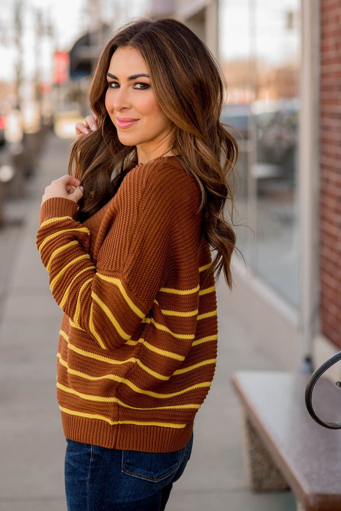 Striped Bottom Relaxed Sleeve Sweater - Betsey's Boutique Shop -