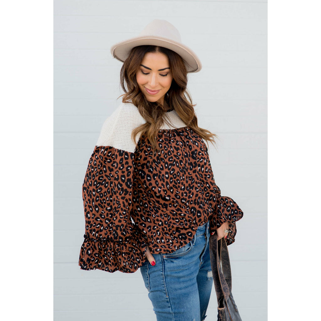 Leopard Flare Sleeve Blouse - Betsey's Boutique Shop