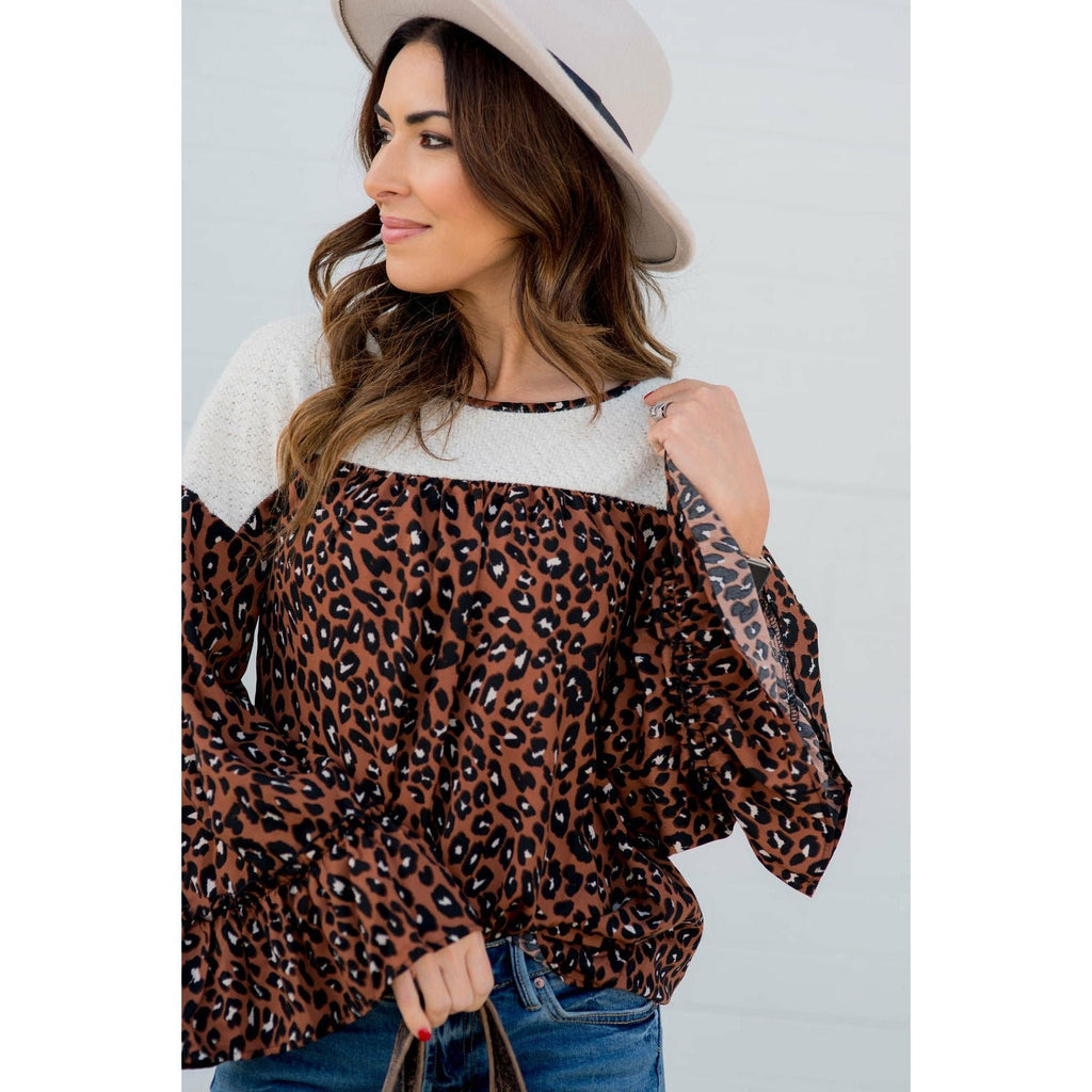 Leopard Flare Sleeve Blouse - Betsey's Boutique Shop