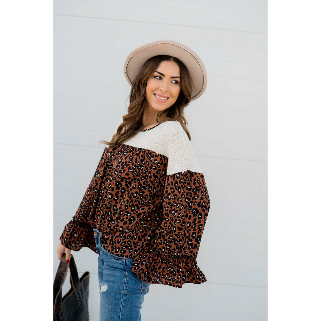 Leopard Flare Sleeve Blouse - Betsey's Boutique Shop