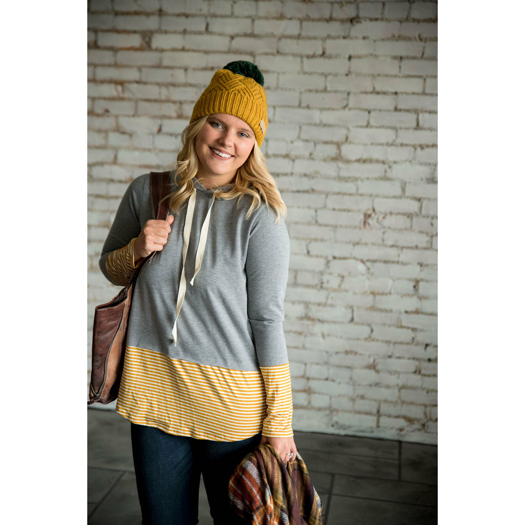 Light Grey Mustard Striped Tipped Sweatshirt - Betsey's Boutique Shop