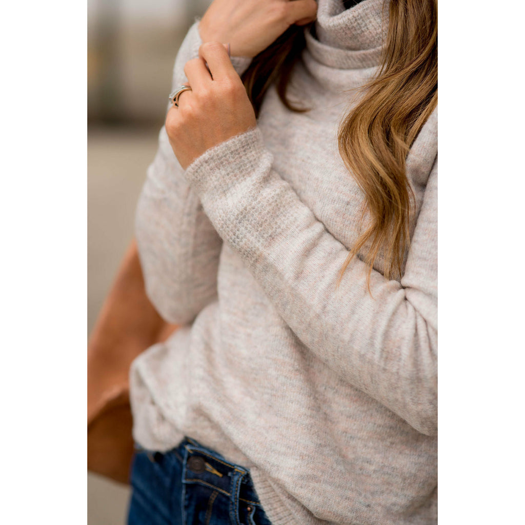 Detailed Waffle Cowl Neck Sweater - Betsey's Boutique Shop