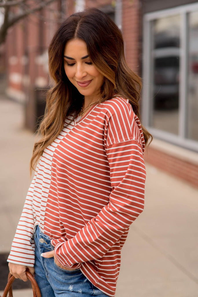 Contrasting Stripes V-Neck Tee - Betsey's Boutique Shop -