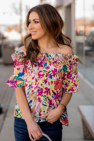 Abstract Floral Off The Shoulder Blouse - Betsey's Boutique Shop -