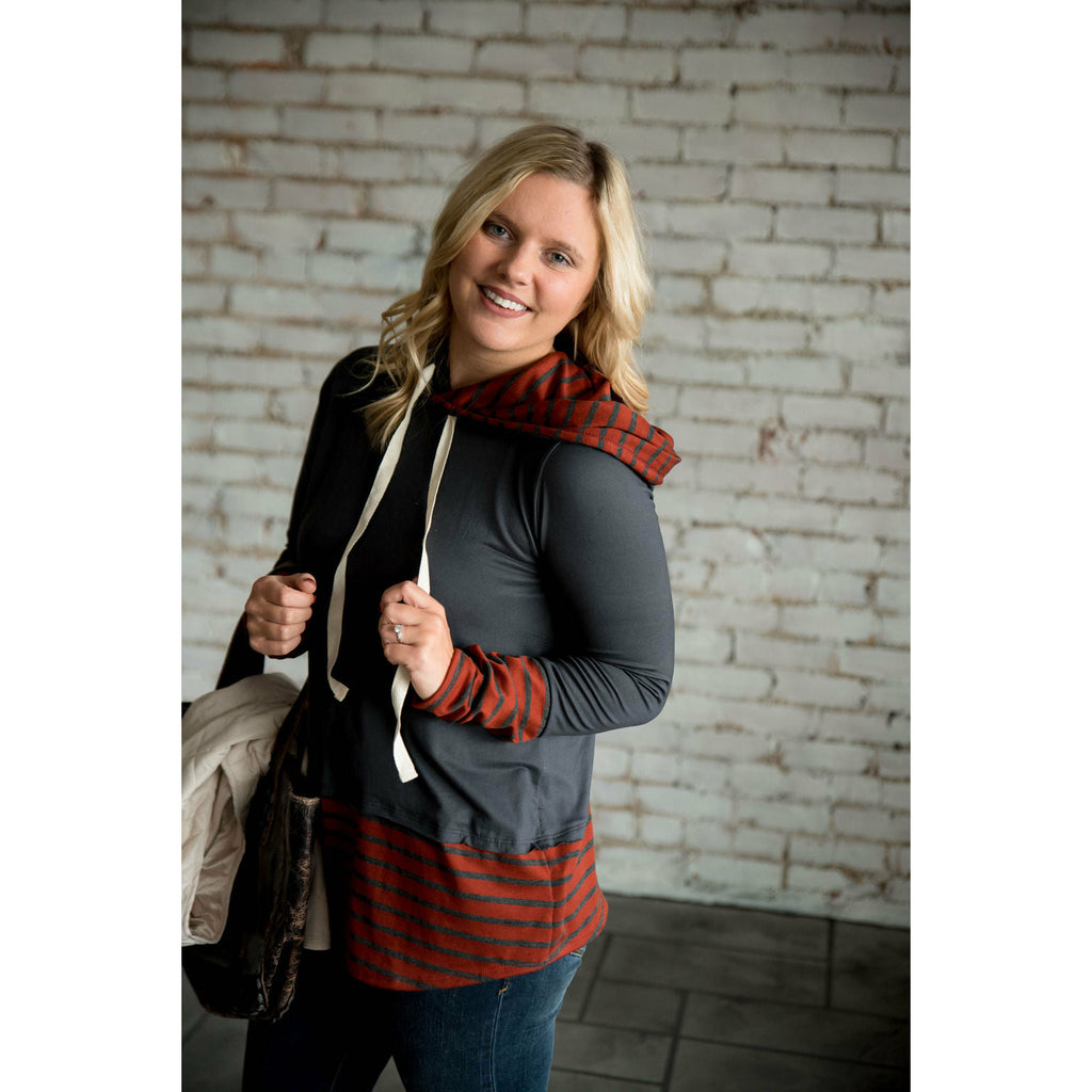 Charcoal Rust Striped Tipped Hoodie - Betsey's Boutique Shop