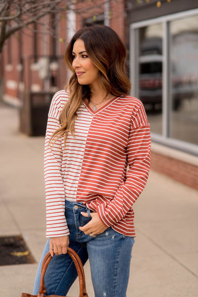 Contrasting Stripes V-Neck Tee - Betsey's Boutique Shop -