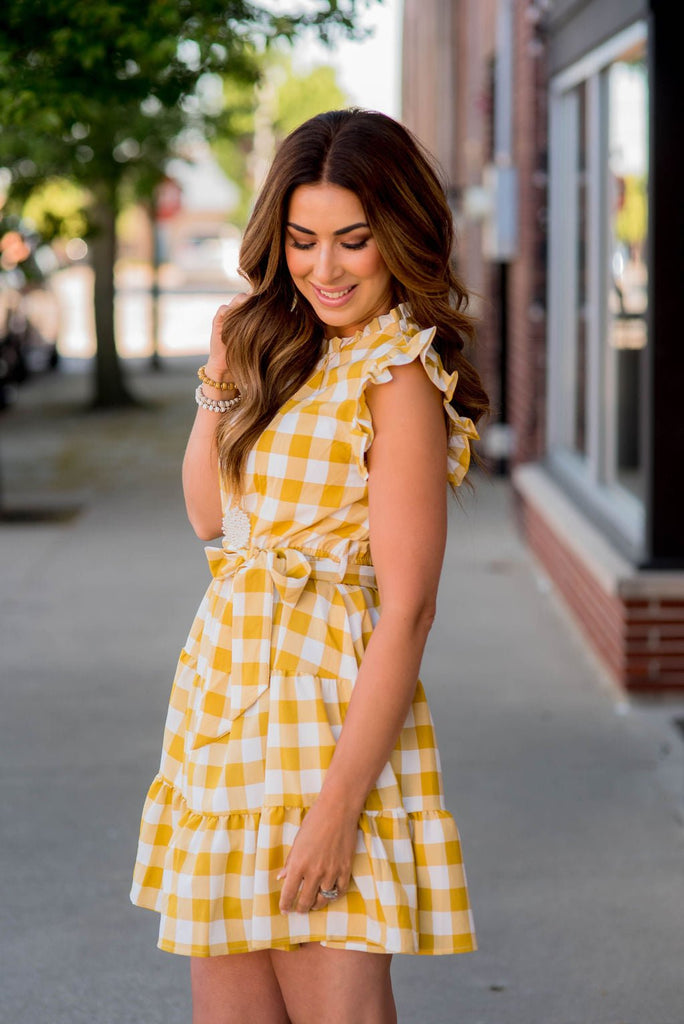 Gingham Tiered Ruffle Trim Dress - Betsey's Boutique Shop -