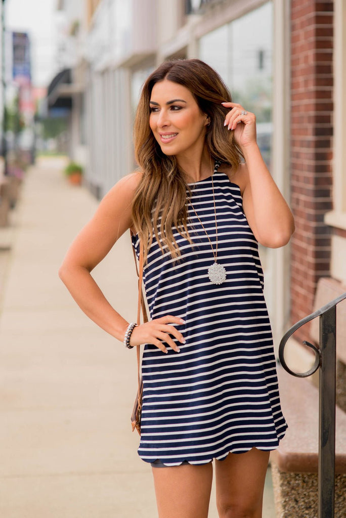 Striped Scalloped Trim Halter Tank Dress - Betsey's Boutique Shop -