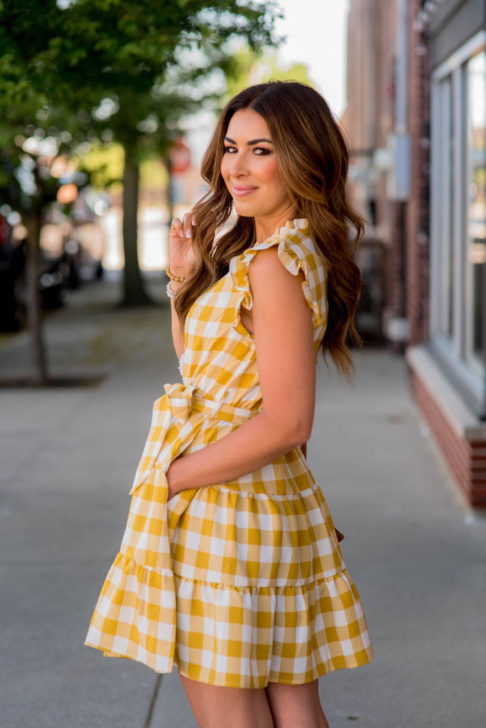 Gingham Tiered Ruffle Trim Dress - Betsey's Boutique Shop -