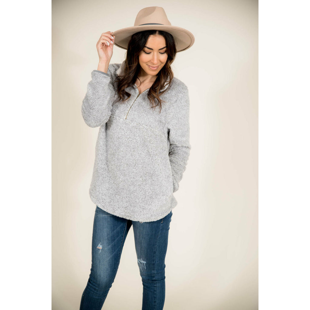 Grey Zip Sherpa Pullover - Betsey's Boutique Shop