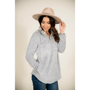 Grey Zip Sherpa Pullover - Betsey's Boutique Shop