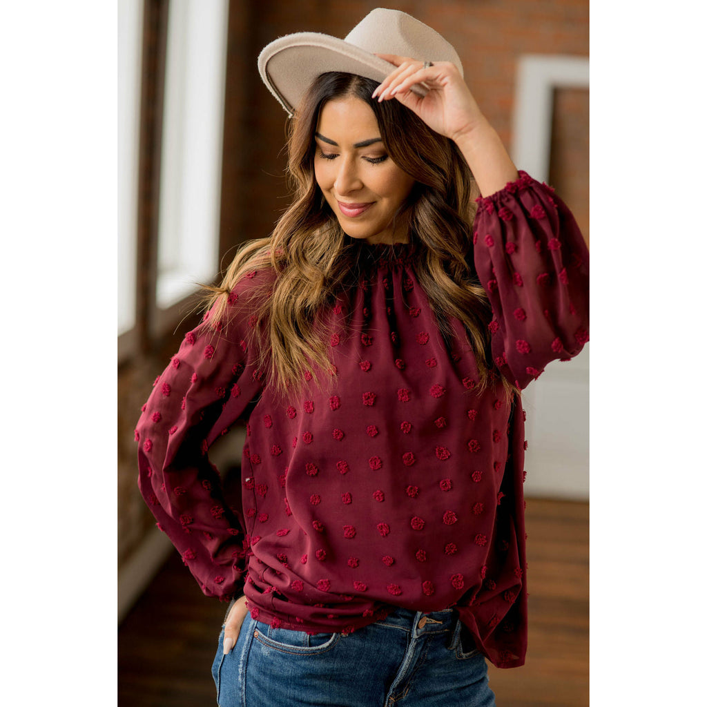 Textured Dot Cinched Neck Long Sleeve Blouse - Betsey's Boutique Shop