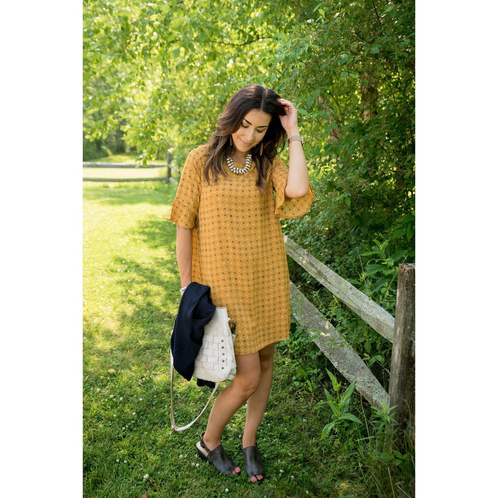 Mustard Printed Flutter Dress - Betsey's Boutique Shop