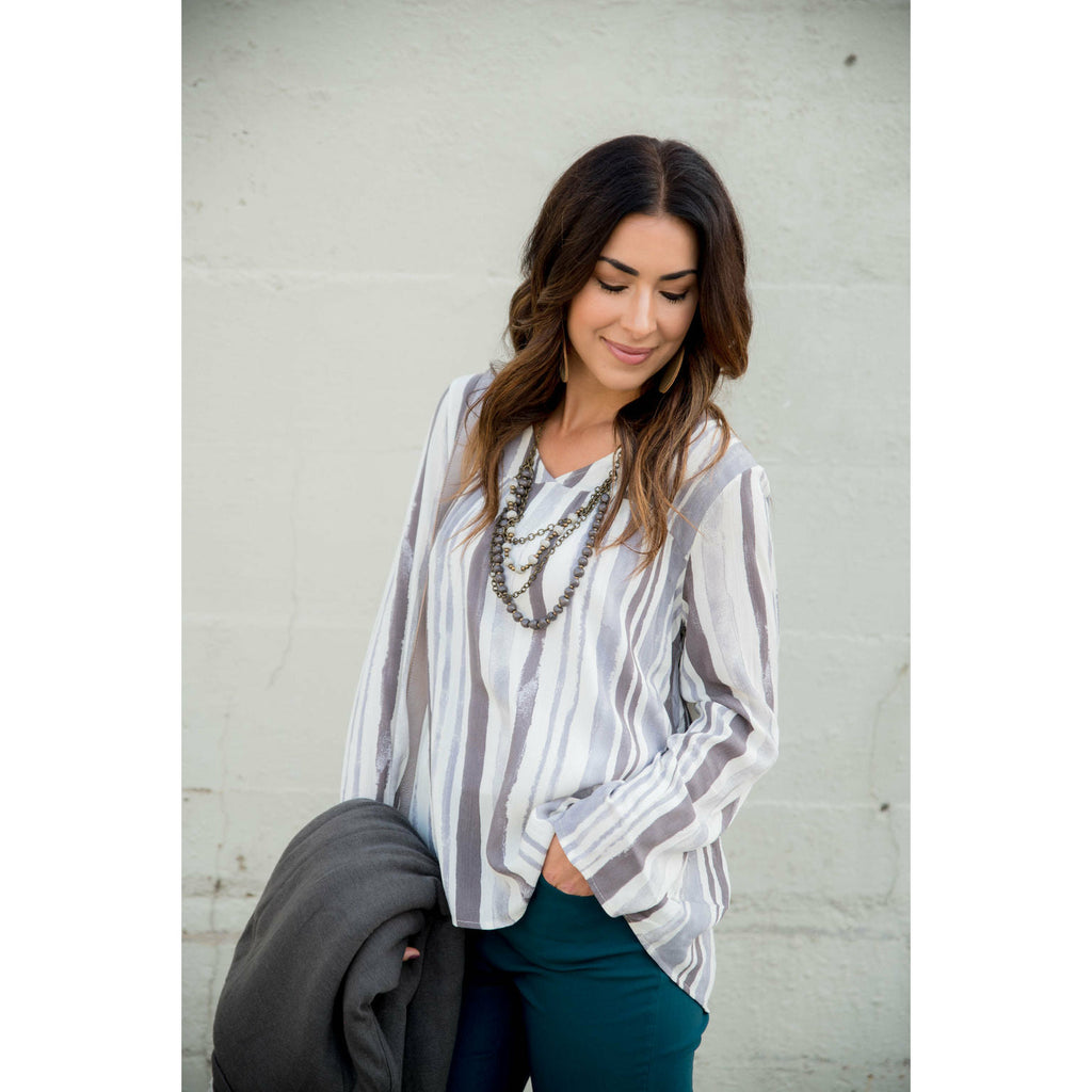 Striped Brush Stroke V Neck Blouse - Grey - Betsey's Boutique Shop