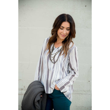 Striped Brush Stroke V Neck Blouse - Grey - Betsey's Boutique Shop