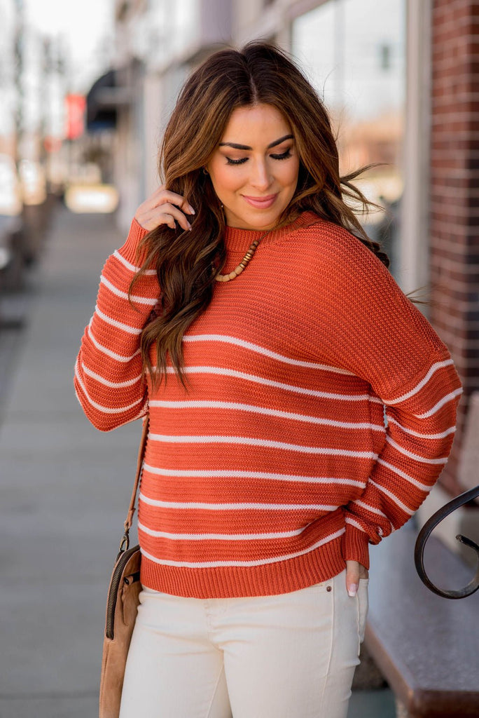 Striped Bottom Relaxed Sleeve Sweater - Betsey's Boutique Shop -